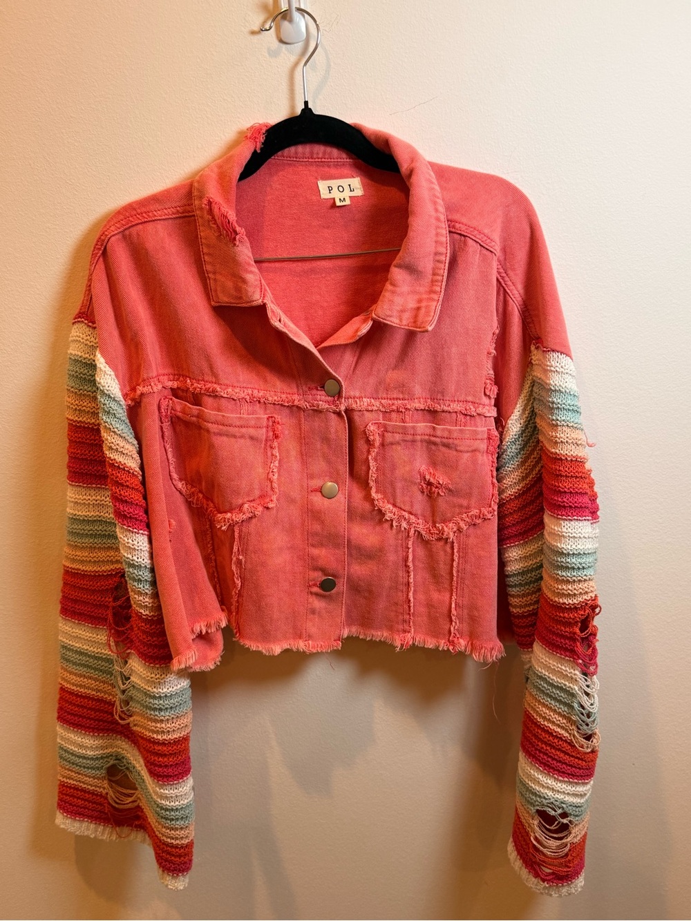 POL Coral Distressed Denim Crochet Stripe Sleeve Jacket M Boho